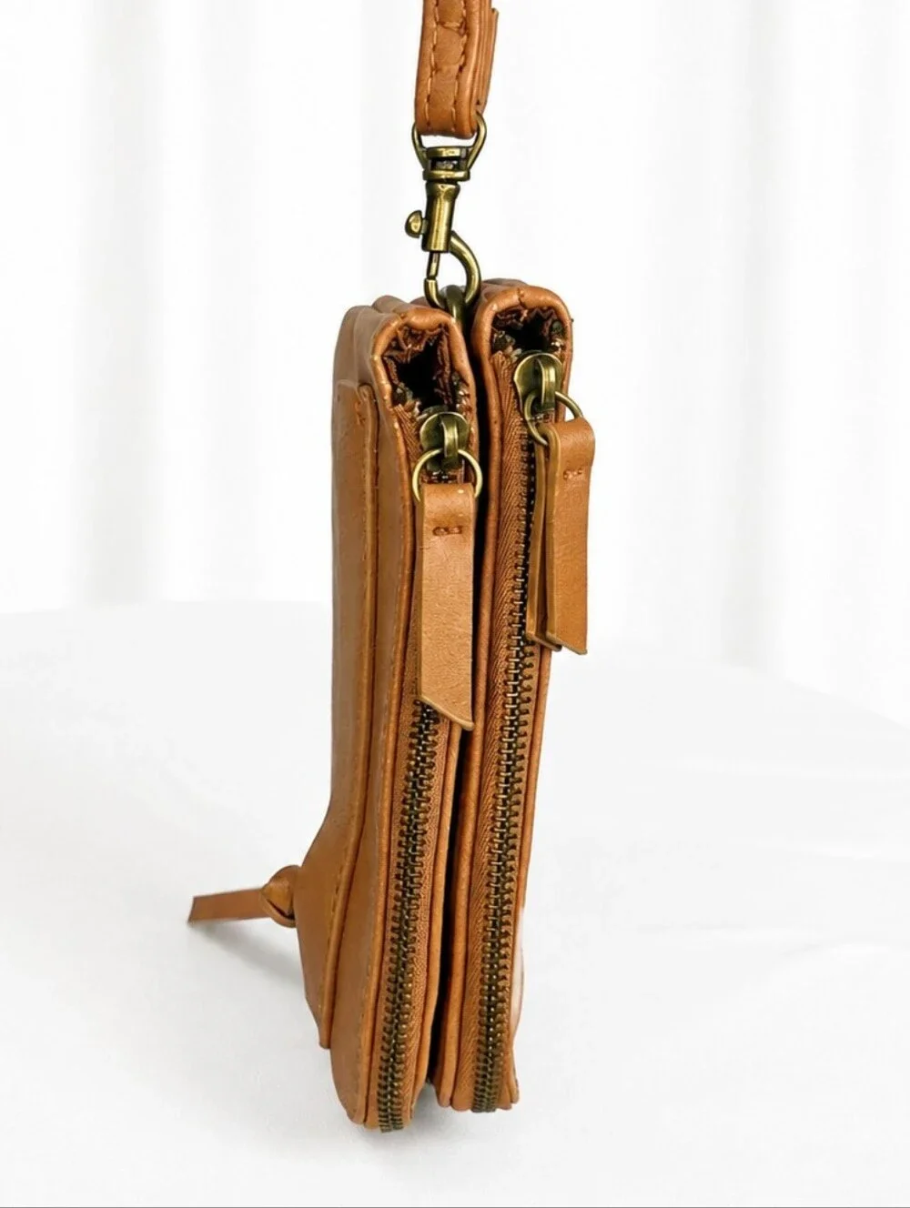 👜 Cognac Tan Double Zip Wristlet Wallet Clutch Boho Tassel Organizer